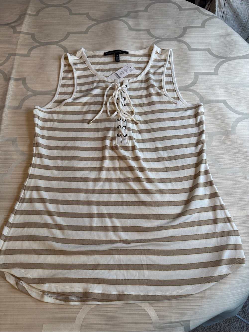 White House Black Market Lace-Up Striped Tank in Cream and Tan